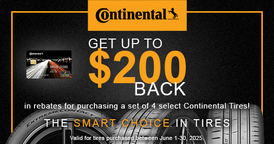 An advertisement for continental tires that says get up to $ 200 back A Goodyear advertisement that says get up to $ 80 back by online or mail in rebate on a set of 4 select Goodyear tires