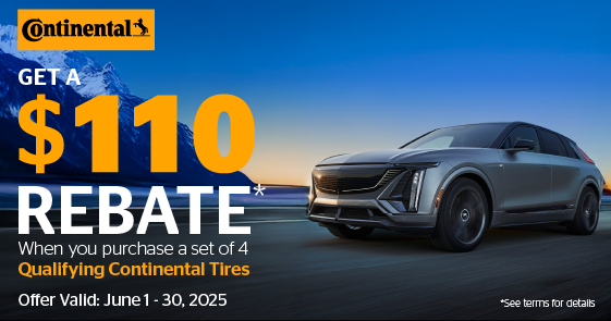 Continental is offering a $ 110 rebate when you purchase a set of 4 qualifying continental tires. A green car is parked in front of a garage door.