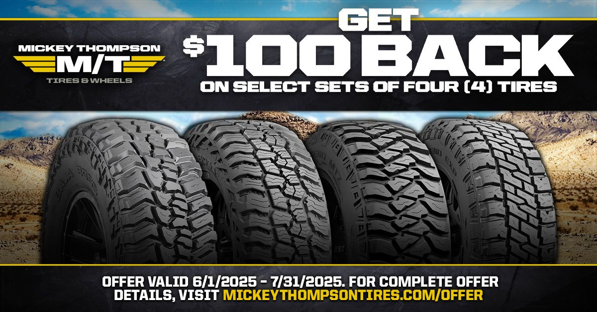 A picture of four tires with the words `` get $ 100 back on select sets of four ( 4 ) tires '' A Cooper tires ad that says get up to $ 70 rebate when you buy a set of 4 qualifying tires