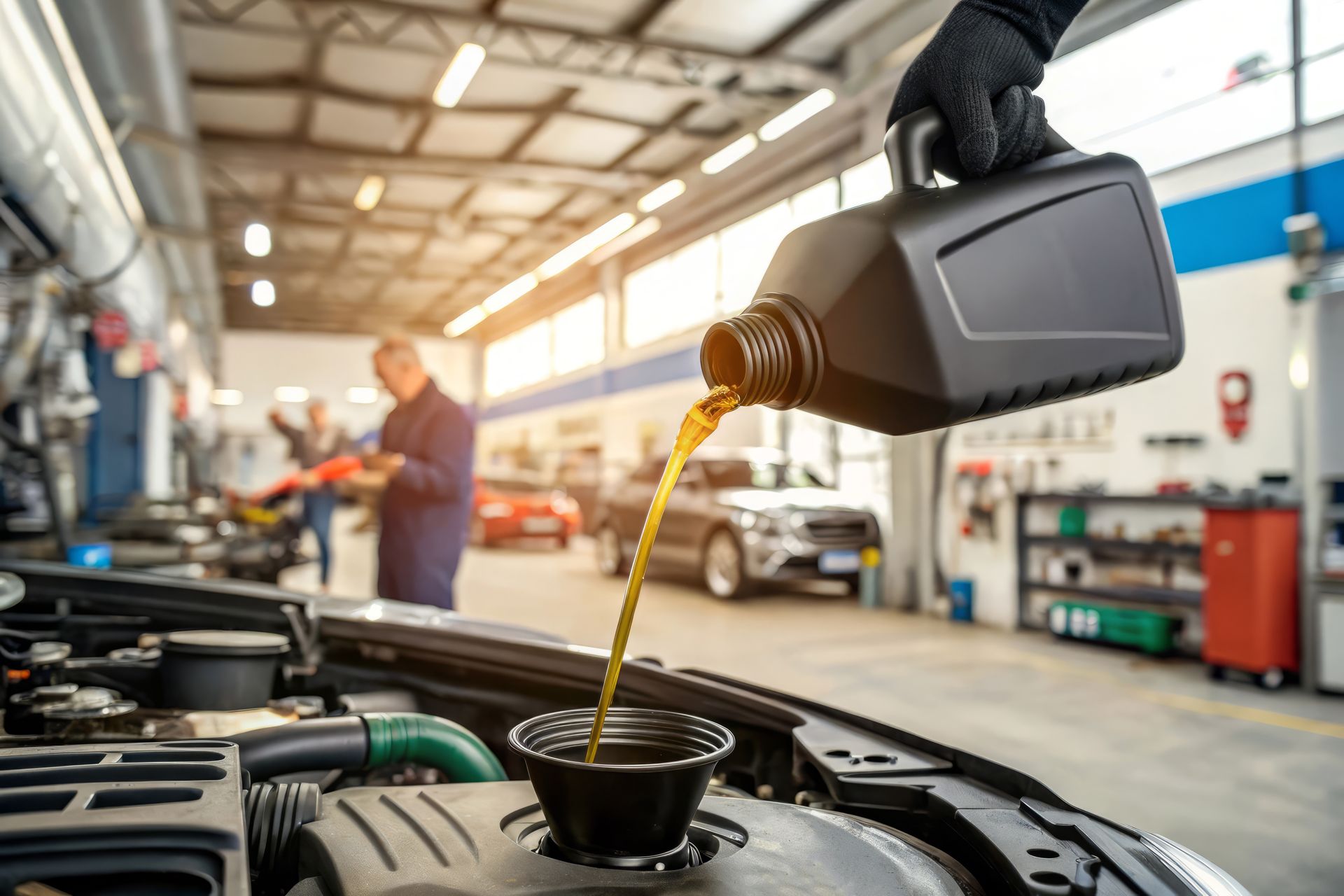Auto mechanic pouring fresh engine oil into a vehicle during an oil change service in a professional repair shop