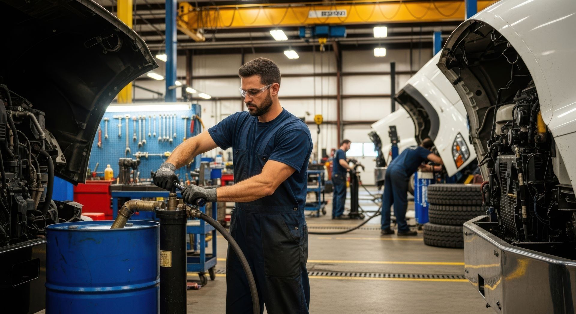 Commercial vehicle mechanic servicing a large truck in a professional heavy-duty repair facility Commercial vehicle mechanic servicing a large truck in a professional heavy-duty repair facility