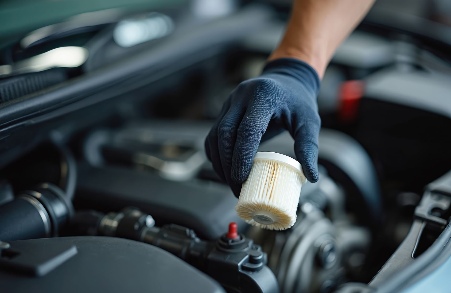 Auto technician in gloves holding a new oil filter during an engine service Auto technician in gloves holding a new oil filter during an engine service