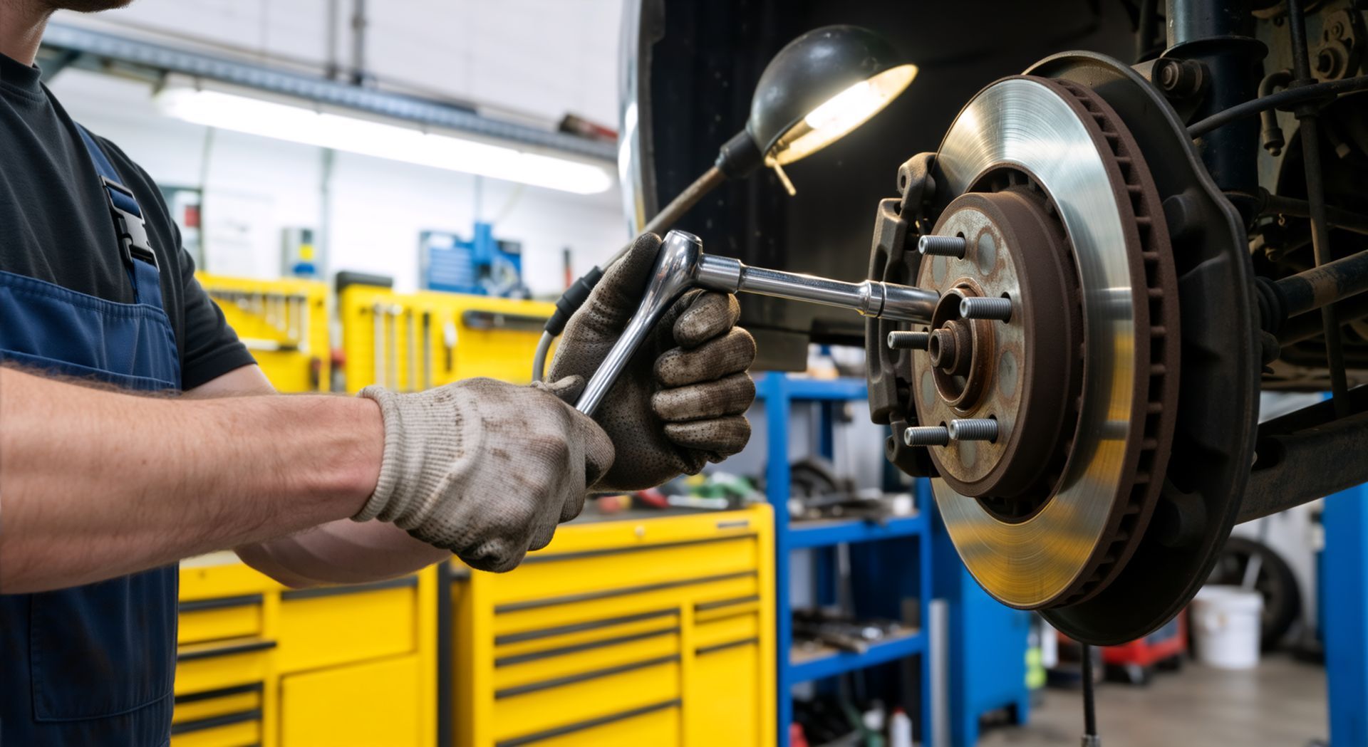 Mechanic using a wrench to service a brake rotor and hub assembly on a lifted vehicle in an auto repair shop