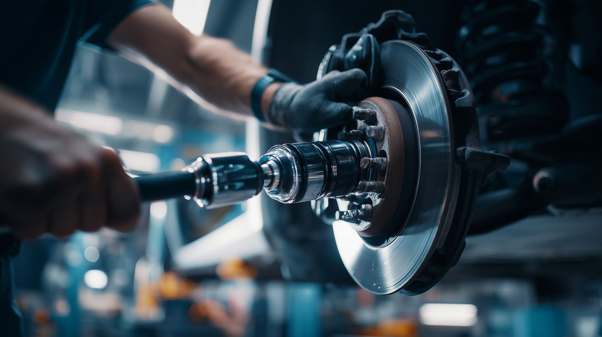 Mechanic using a power tool to service a brake rotor and caliper assembly in an auto repair shop Mechanic using a power tool to service a brake rotor and caliper assembly in an auto repair shop