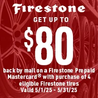 A firestone ad that says get up to $ 80 back by mail on a firestone prepaid mastercard