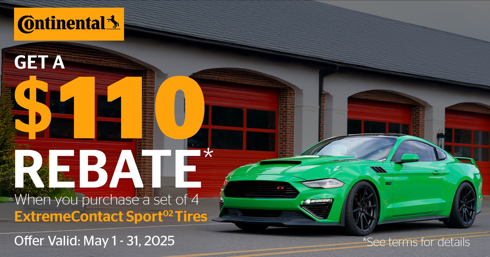 A green car is parked in front of a garage door.
