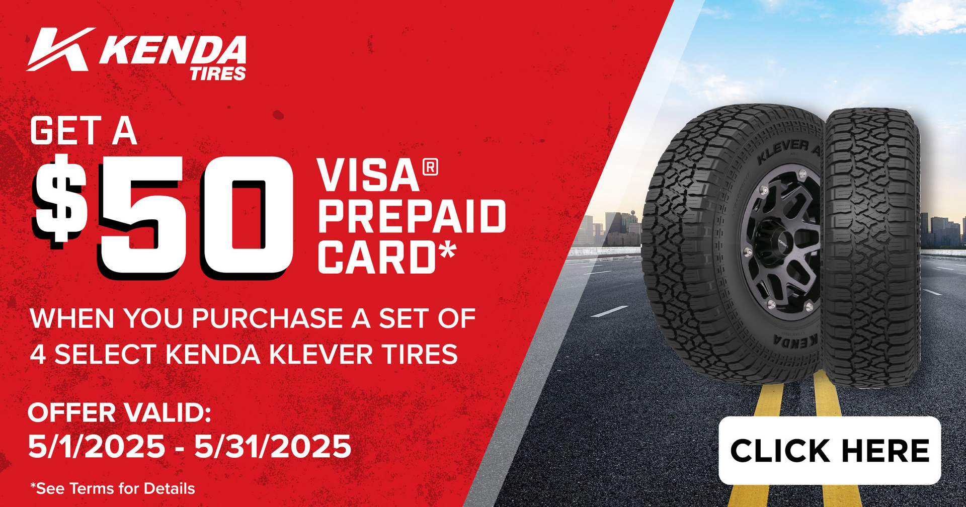 A poster for kenda tires that says get a $ 50 visa prepaid card