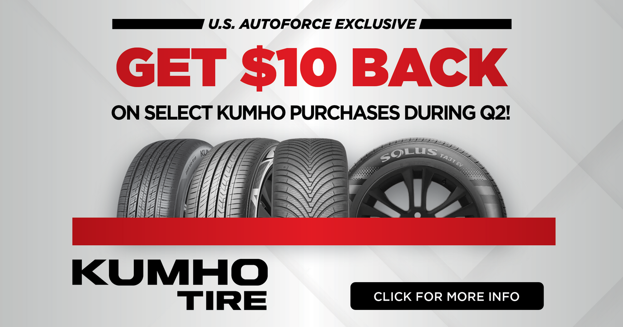 An advertisement for Kumho tires that says get $ 10 back on select Kumho purchases during q2