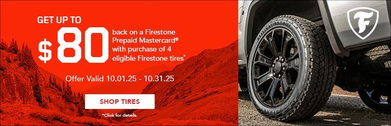A firestone ad that says get up to $ 80 back by mail on a firestone prepaid mastercard A firestone ad that says get up to $ 80 back by mail on a firestone prepaid mastercard