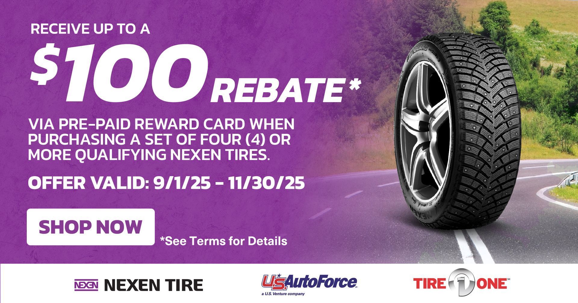 An ad for Nexen tires that says $ 100 rebate