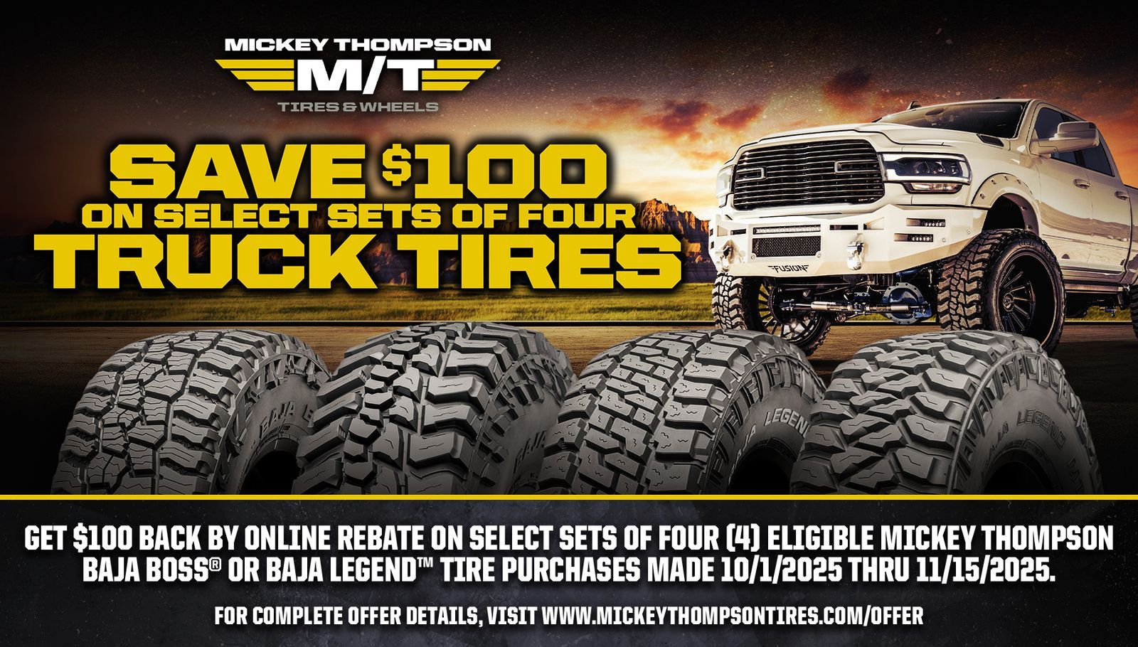 A picture of four tires with the words `` get $ 100 back on select sets of four ( 4 ) tires '' A Cooper tires ad that says get up to $ 70 rebate when you buy a set of 4 qualifying tires