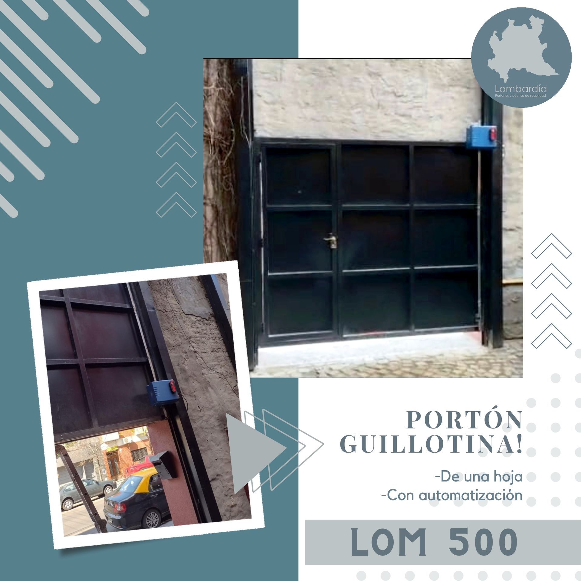 Puerta de guillotina negra con automatización, anuncio de producto, fondo azul y blanco.