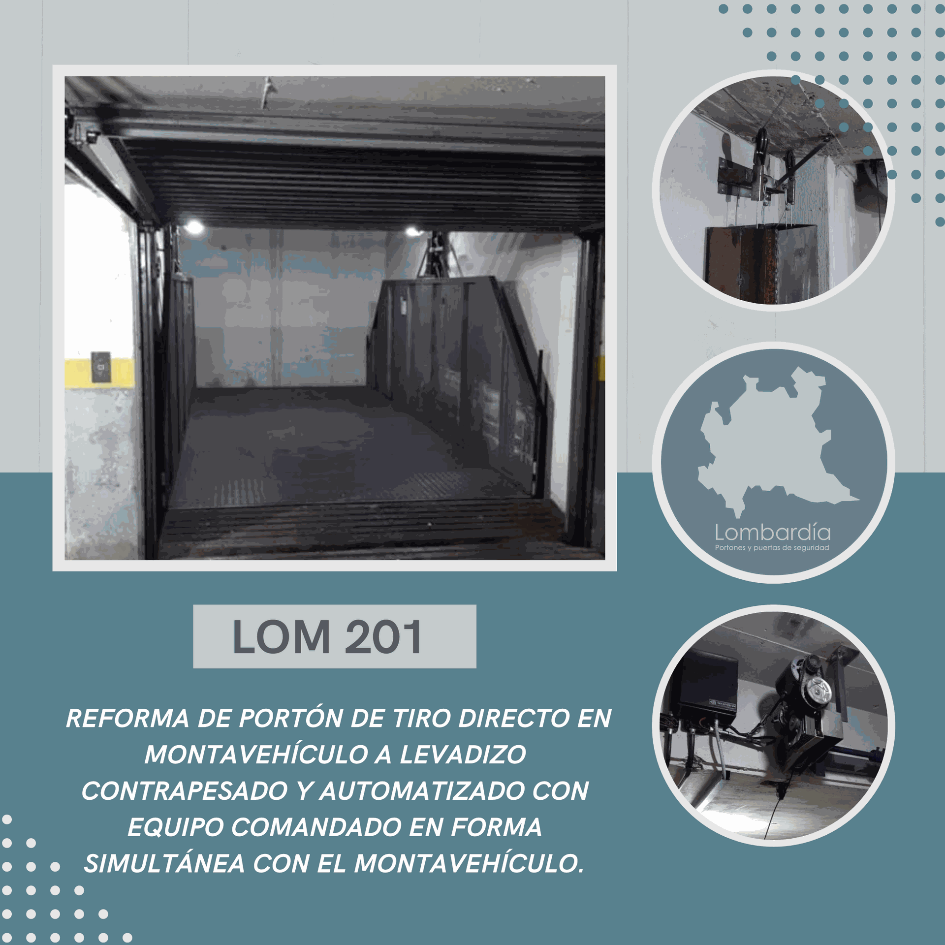 Un elevador de automóviles automatizado con puerta levadiza y sistema de contrapeso.