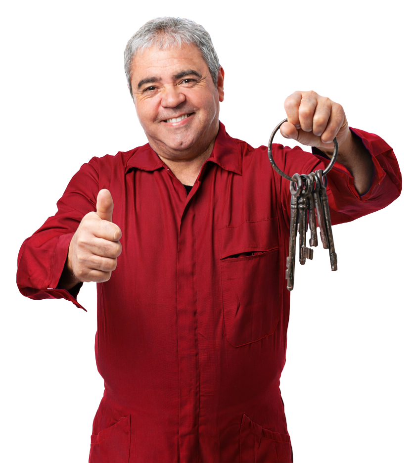 A smiling person wearing a red jumpsuit, giving a thumbs up while holding a large ring of old-fashioned skeleton keys.