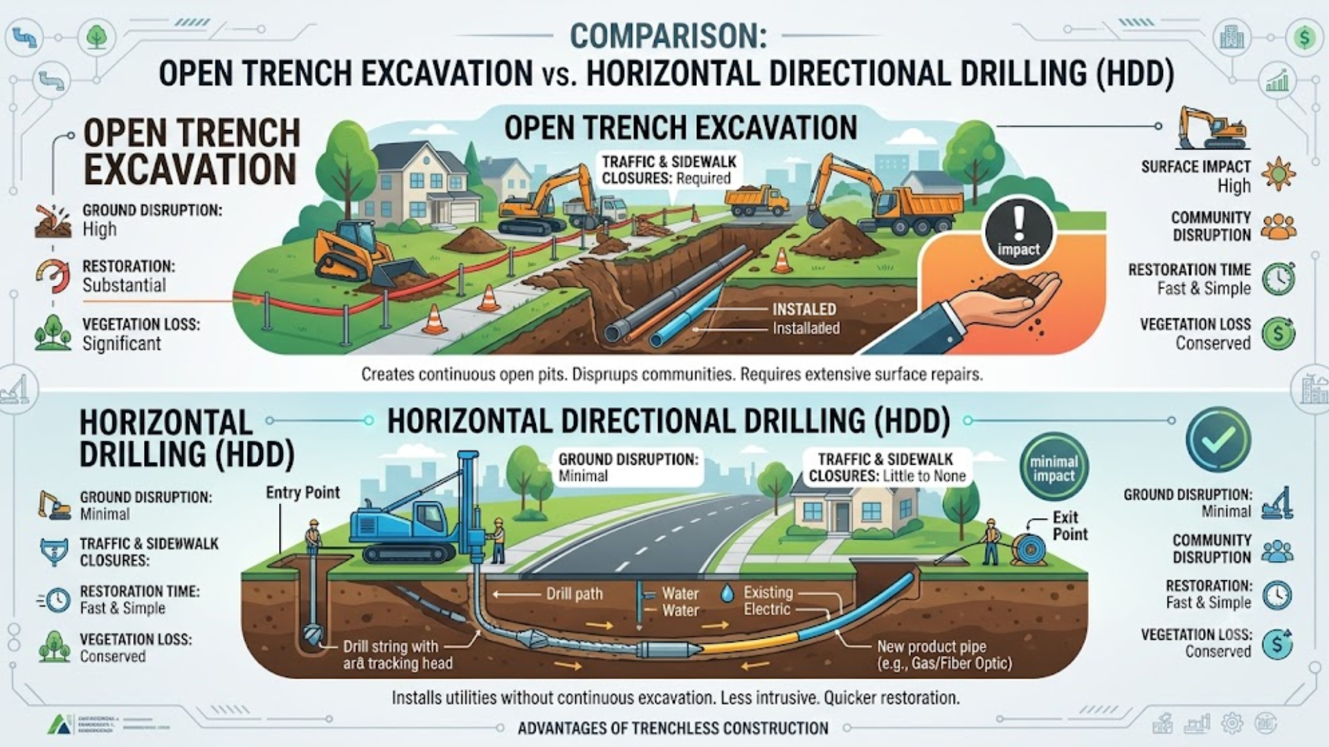 directional drilling vs trenching for underground pipeline construction