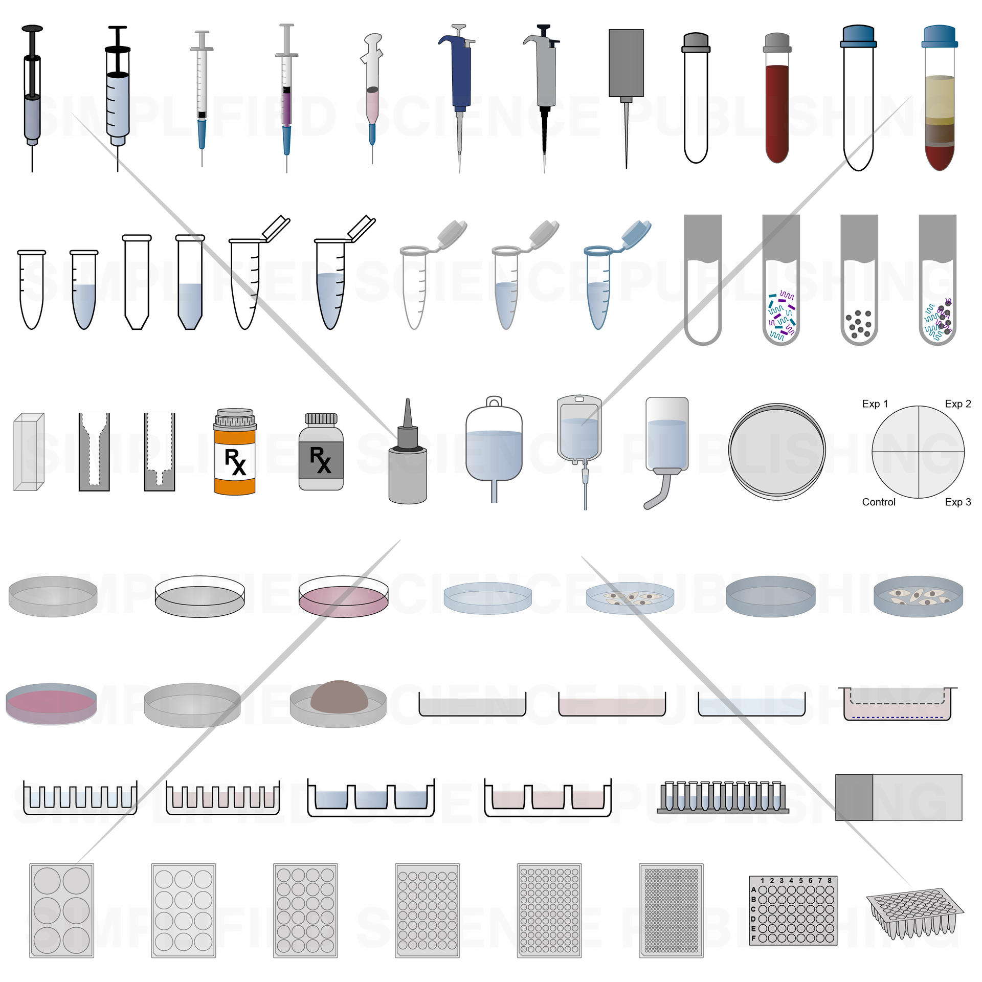 Laboratory Tools: Petri Dish, Syringe and Tube Drawings