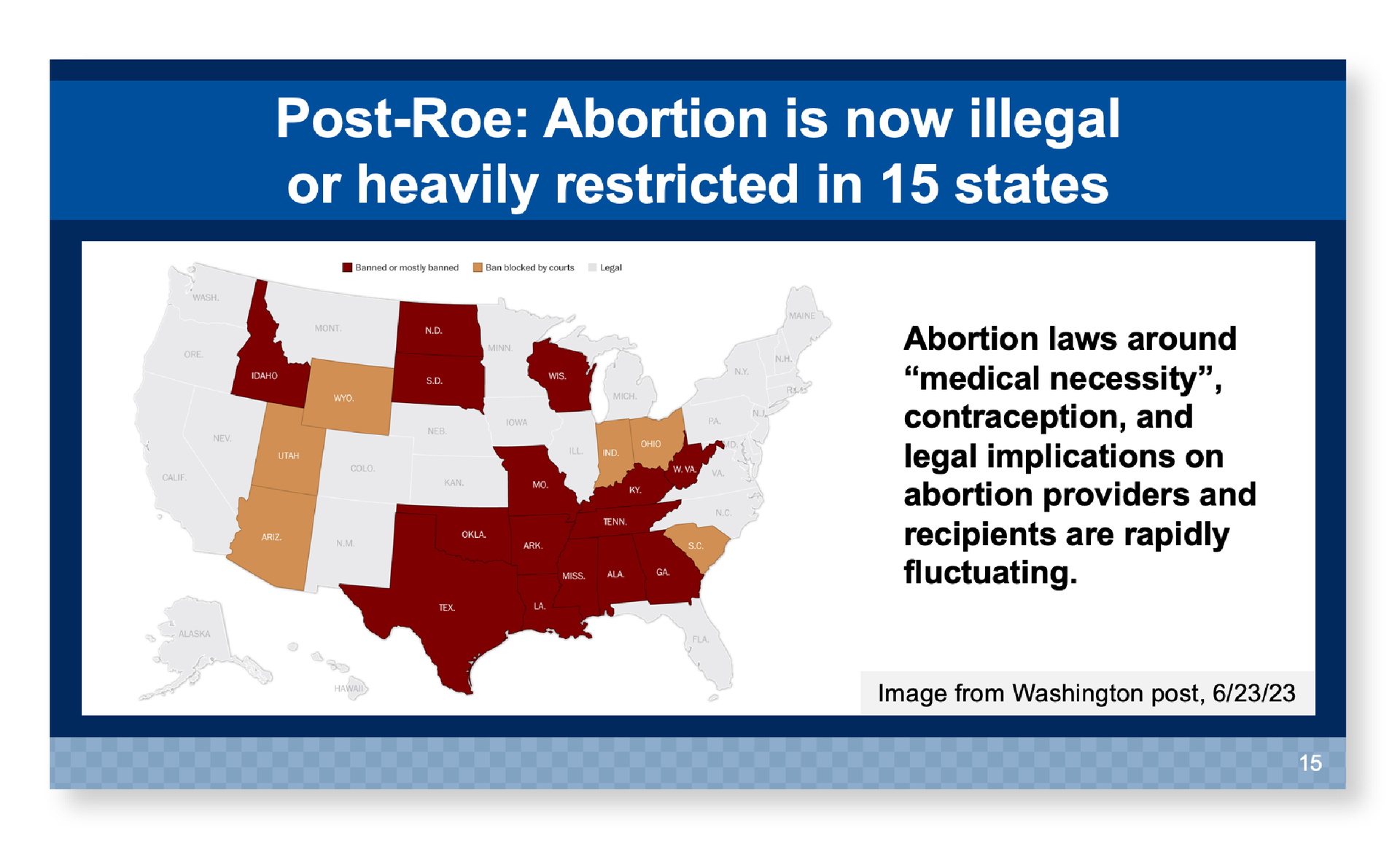 Scientific presentation slide design that shows states with illegal abortion laws as of June 2023