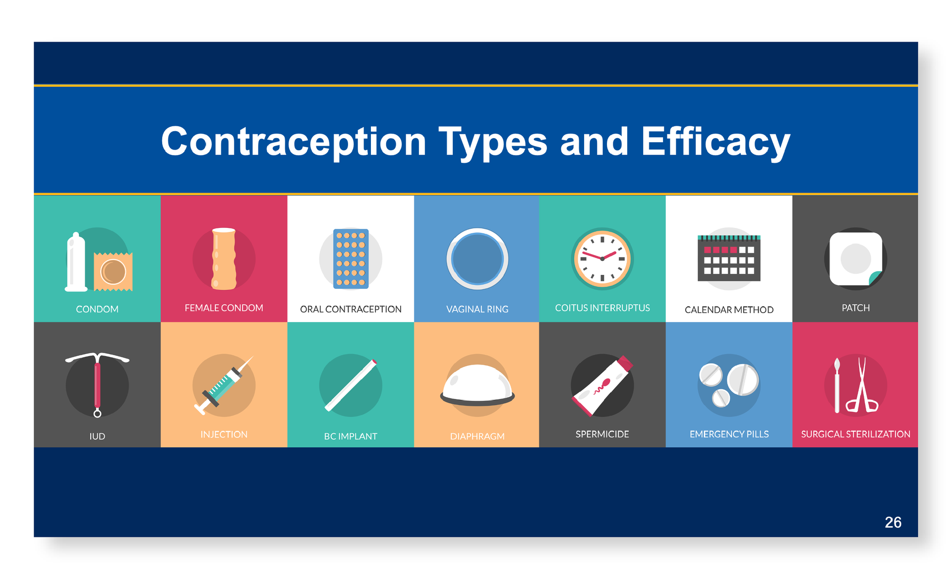 Scientific presentation slide design for contraception types and efficacy