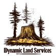 A tree stump with woodchips, surrounded by pine trees; "Dynamic Land Services" text.