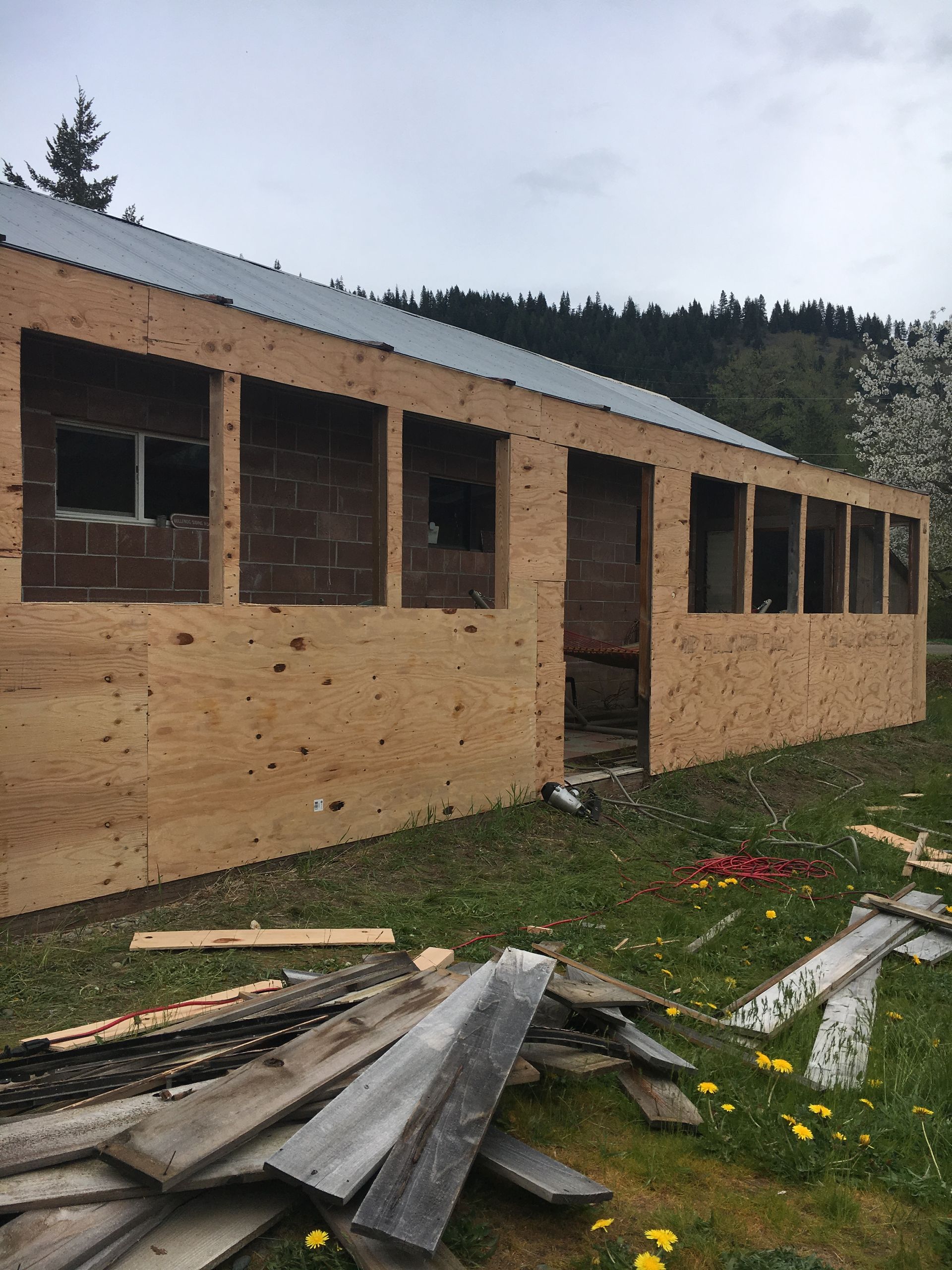 Building exterior with plywood siding, window and door frames, surrounded by construction materials, grass and a hillside in the background.
