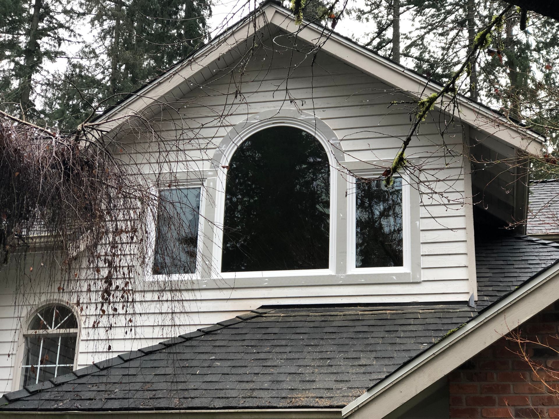 A white gable roof with arched window, surrounded by dark roof shingles and bare tree branches.