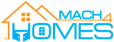 Logo for Mach 4 Homes. Blue and orange house graphic with "MACH 4 HOMES" text in blue.