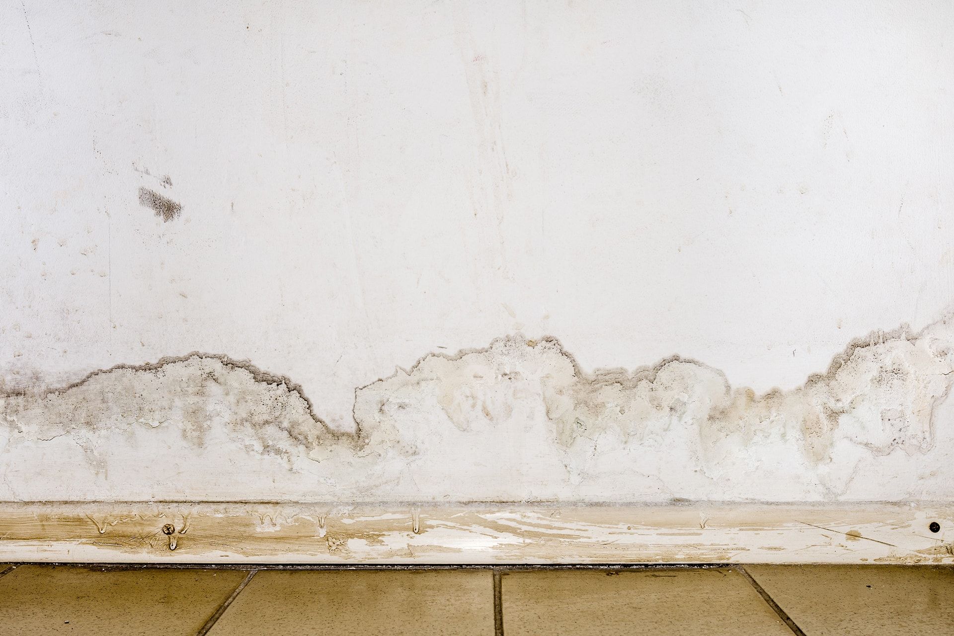 a white wall with a water stain on it and a wooden floor in need of waterproofing