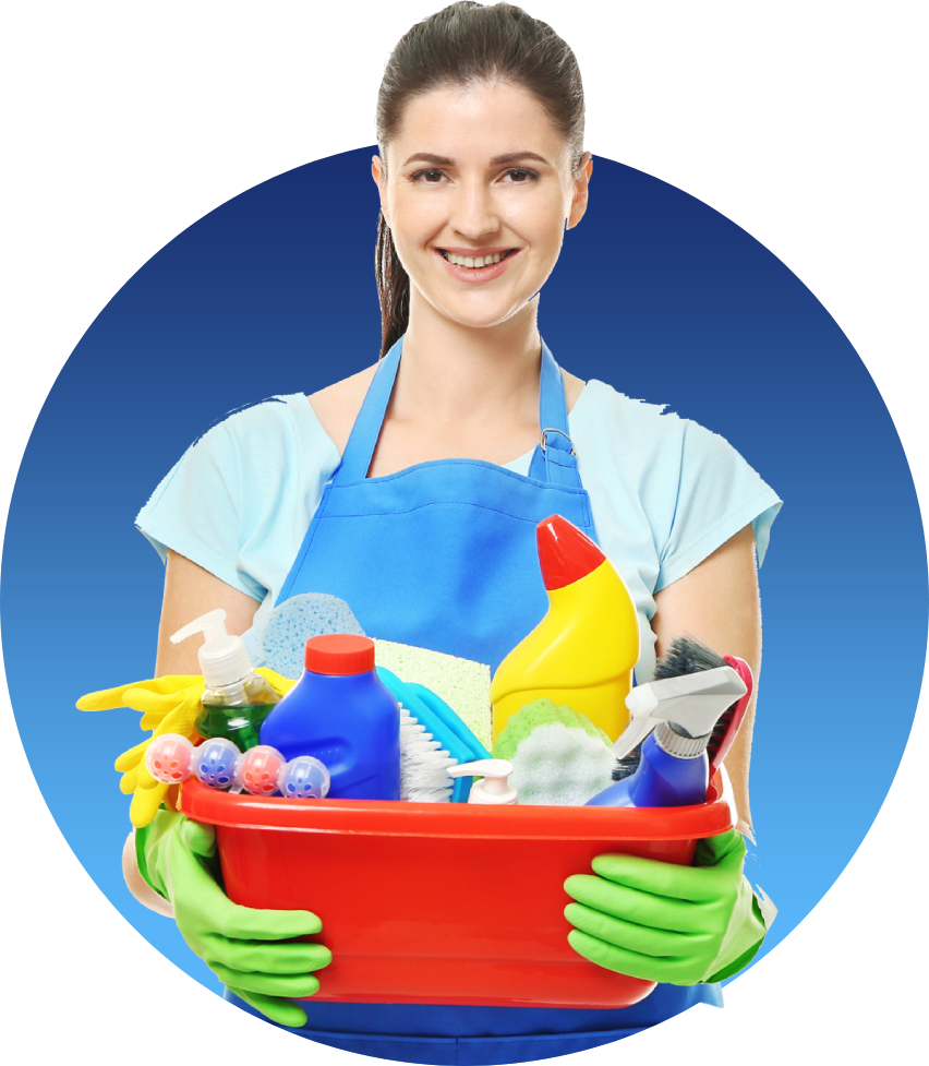 Woman with cleaning supplies in a red bucket, wearing gloves and apron, smiling.