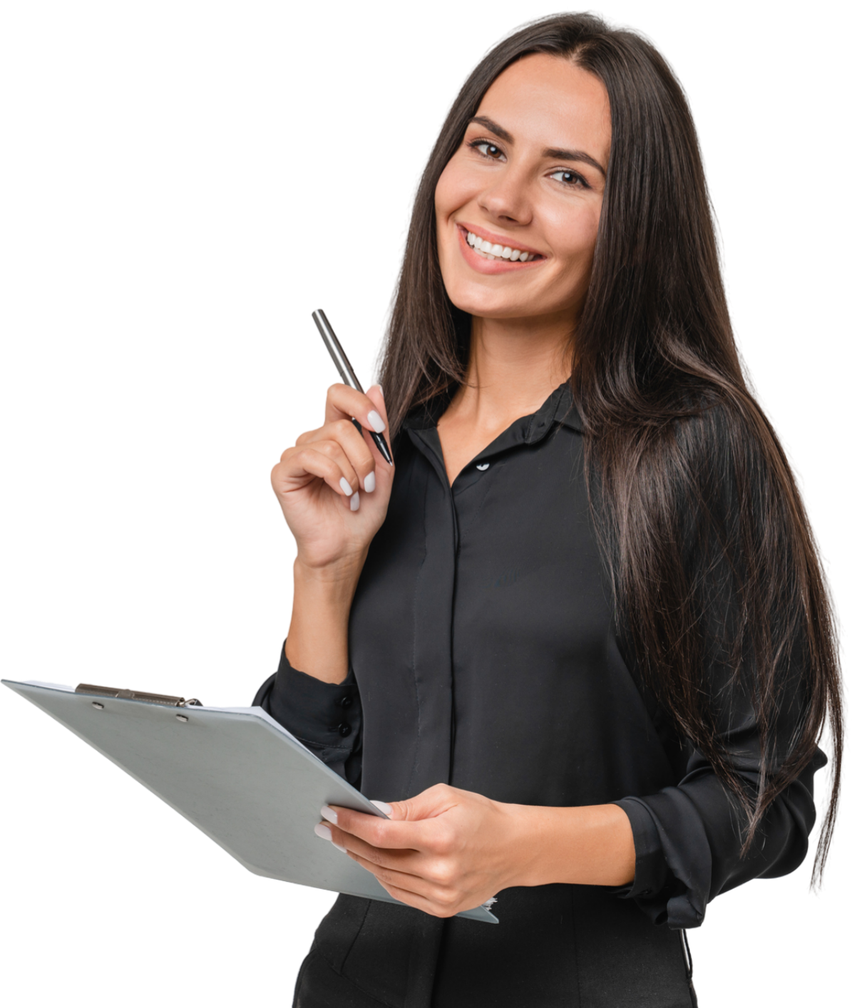 A woman in a black shirt is holding a clipboard and a pen.
