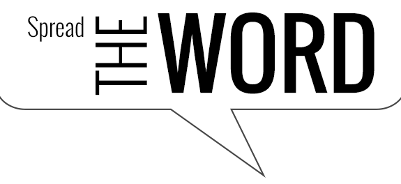 A black and white logo for spread the word with a speech bubble.