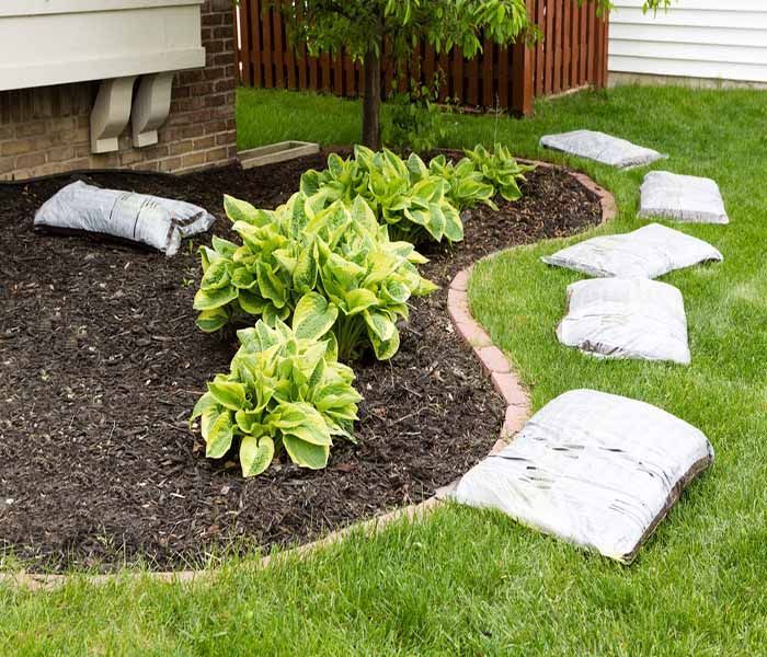 There are many bags of mulch in the garden.