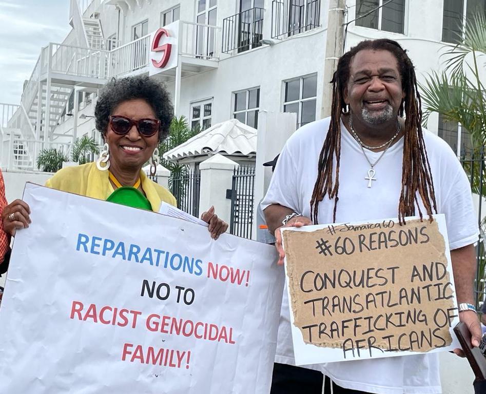 Reparations activists protest the royal tour in Jamaica, March 2022