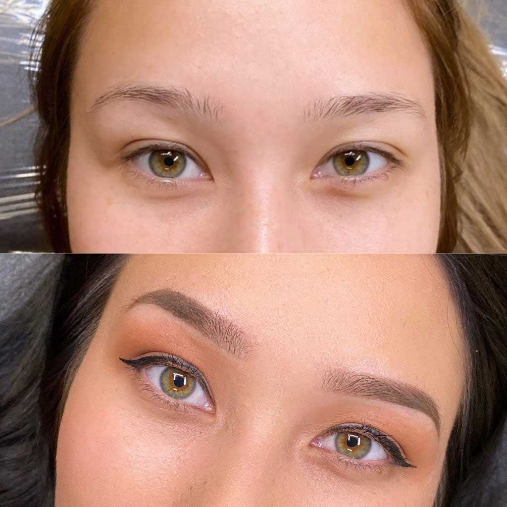 A before and after photo of a woman 's eyebrows.