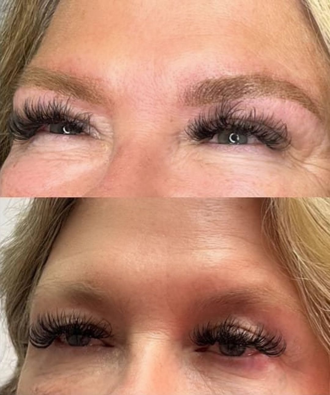 A before and after photo of a woman 's eyebrows.