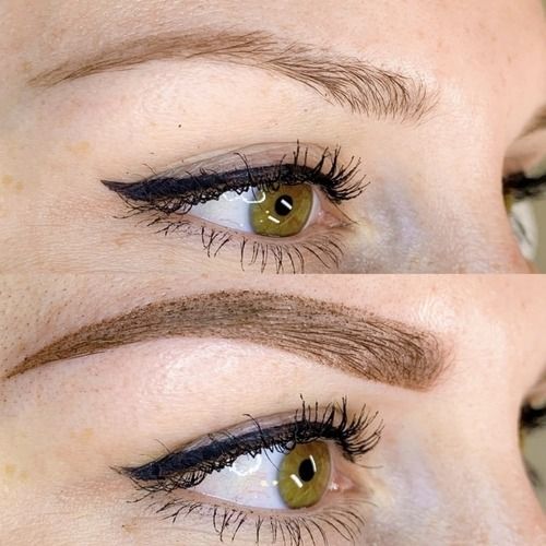 A before and after picture of a woman 's eyebrows.