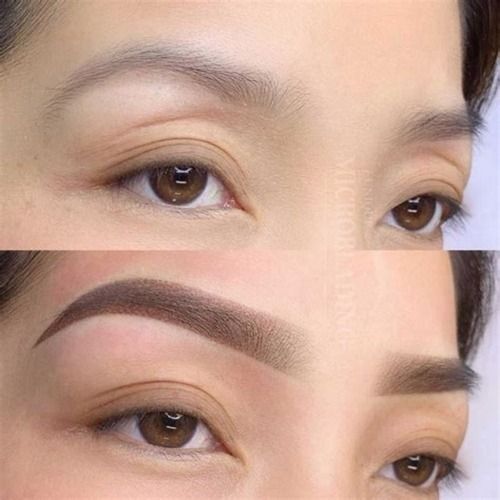 A before and after photo of a woman 's eyebrows.