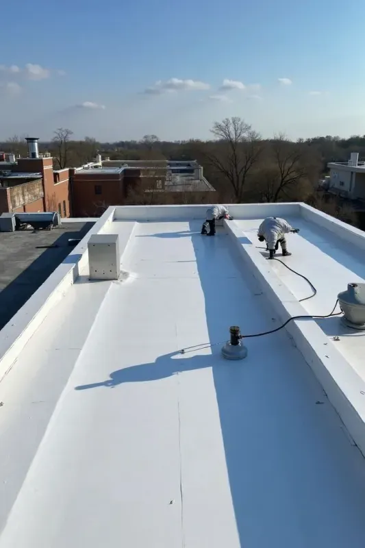 Flat white rooftop with HVAC units under a clear sky, viewed over nearby buildings.
