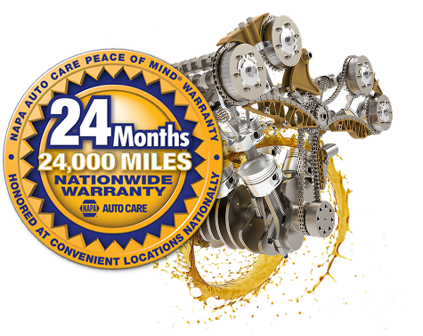 NAPA Auto Care warranty graphic: 24 months/24,000 miles, engine illustration, with oil splash and gold/blue colors. | Madison Automotive