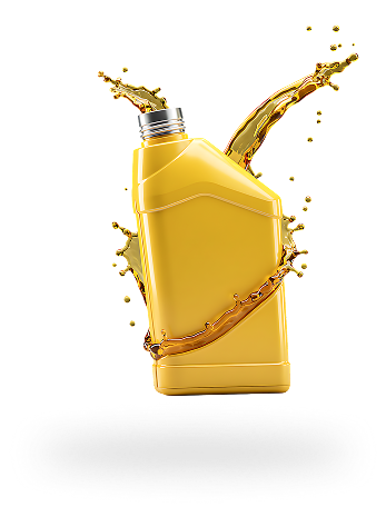 Yellow oil container with oil splashing, floating against a white background. | Madison Automotive
