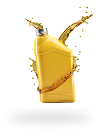Yellow oil container with oil splashing, floating against a white background. | Madison Automotive