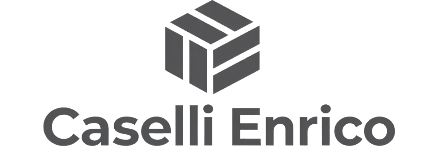 Logo per Caselli Enrico caratterizzato da un'icona geometrica a forma di cubo grigio sopra il nome dell'azienda, in un carattere sans-serif audace.