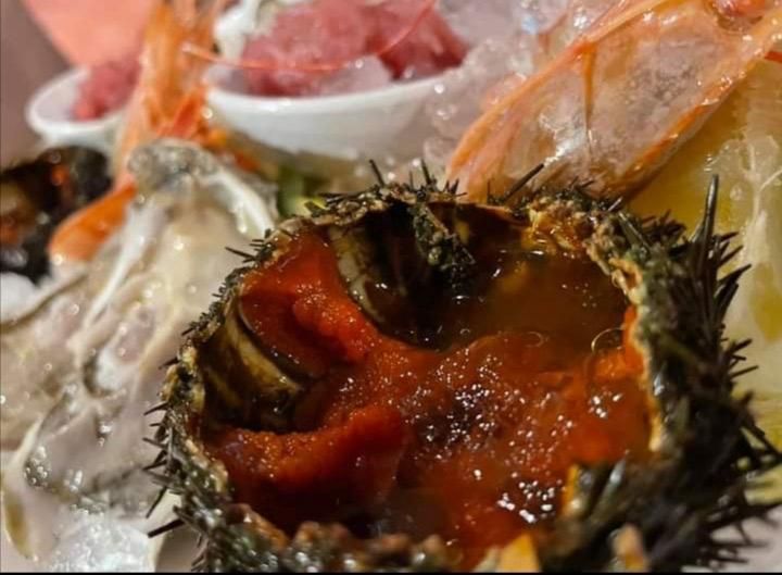 Un primo piano di un riccio di mare con salsa sopra