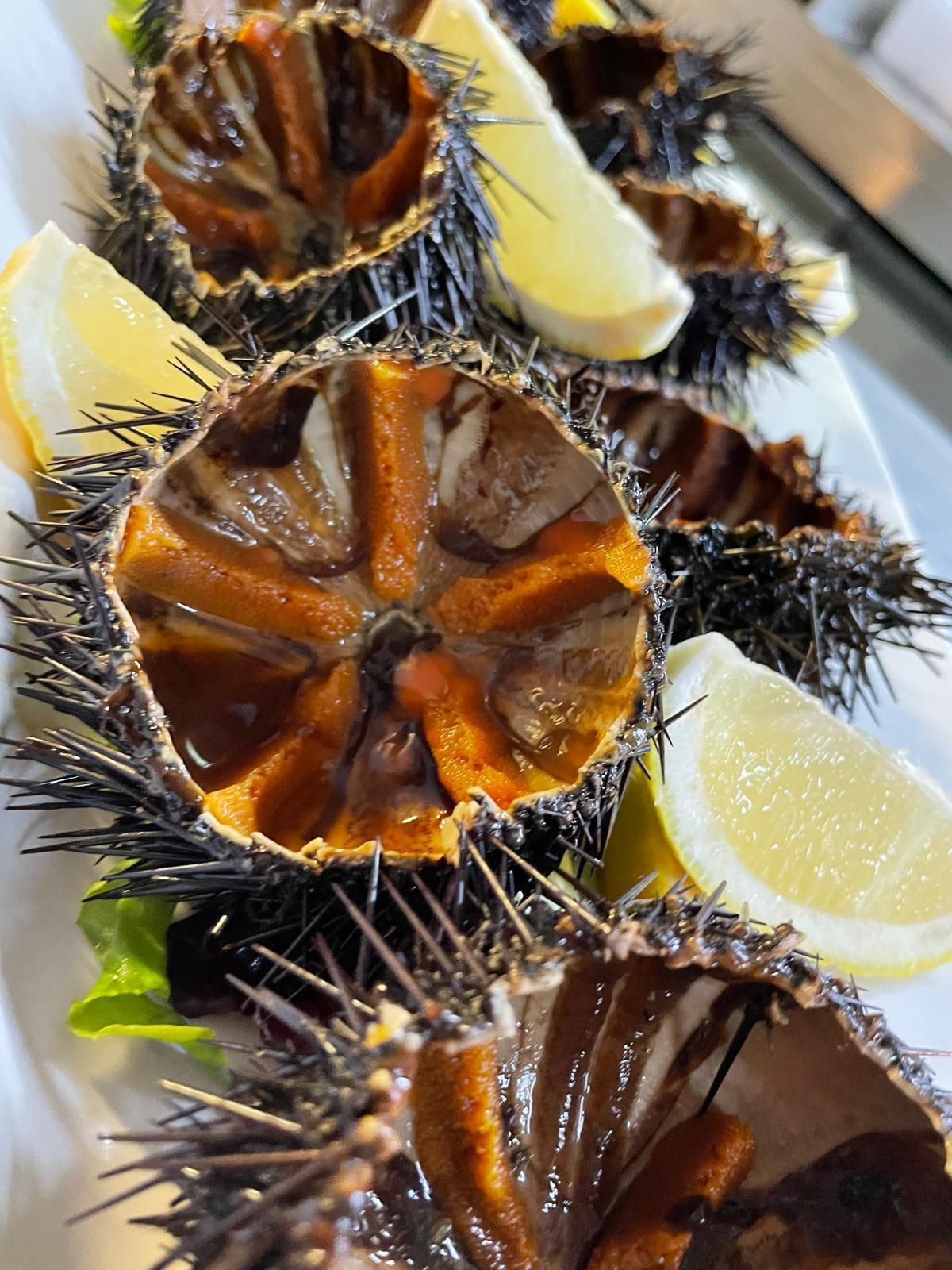 Un primo piano di ricci di mare su un piatto con fette di limone