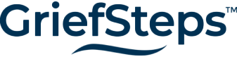 GriefSteps logo in dark blue text with a curved underline; 