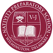 Nativity Preparatory School seal: maroon, circular, with Latin motto, cross, open book, and symbols.
