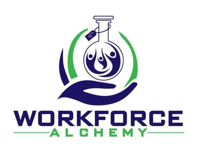 Logo for Workforce Alchemy featuring a hand cradling a blue and green alchemical flask with human silhouettes, and text 