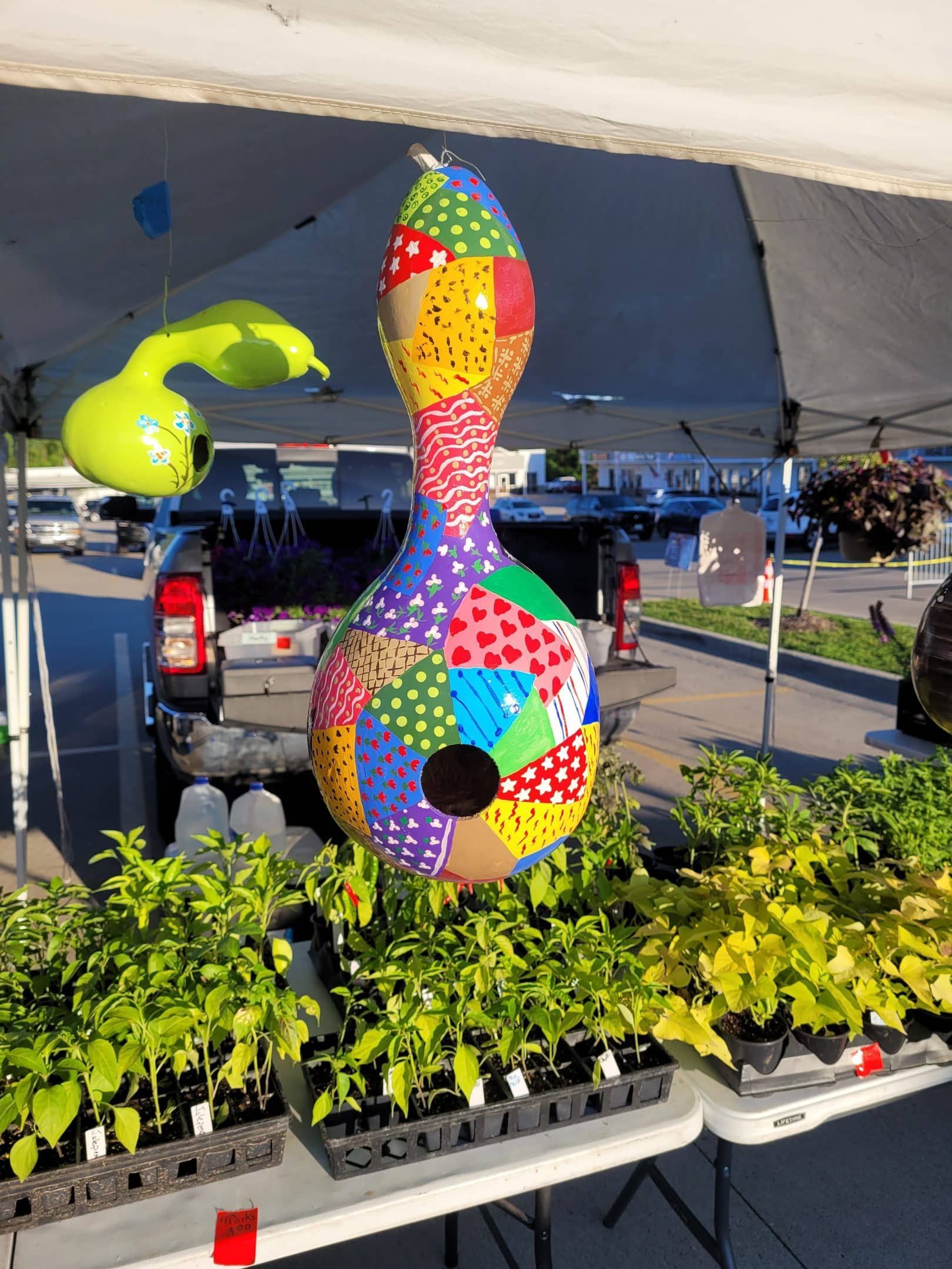 A colorful patchwork gourd birdhouse hanging above plants at a market stall. A green gourd is also suspended nearby.