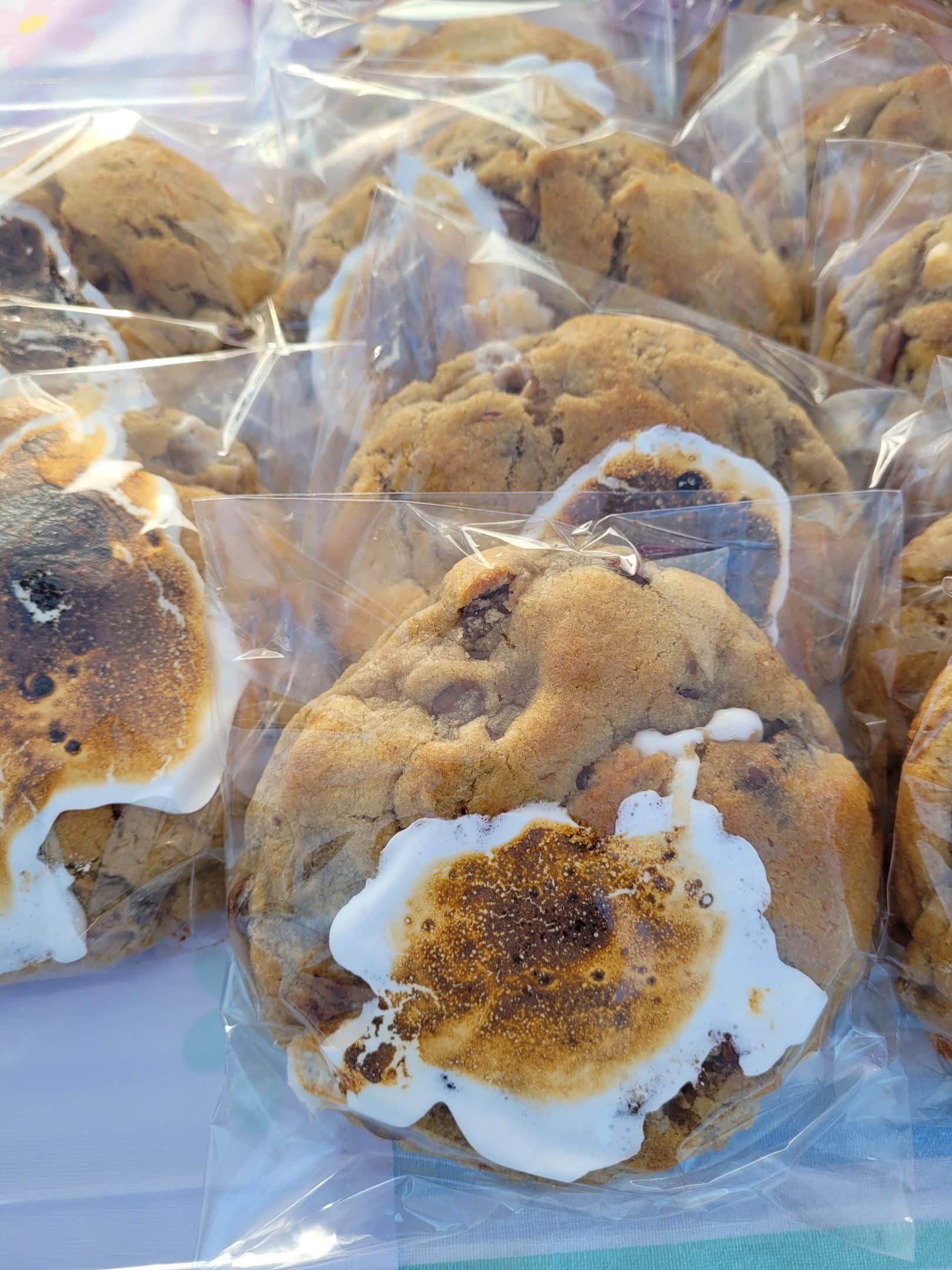 Close-up of several s'mores cookies in plastic bags, each with a toasted marshmallow on top.