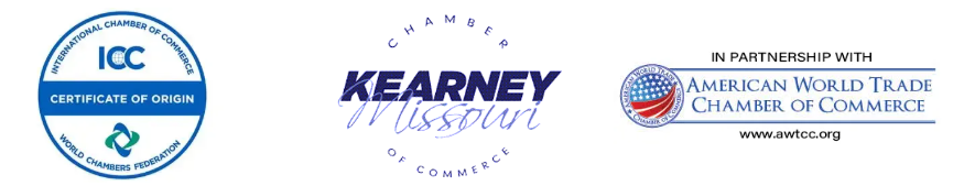 Logos for ICC, Kearney Missouri, and American World Trade Chamber of Commerce.