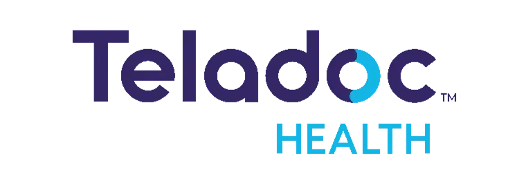 Teladoc Health logo in dark blue with a teal accent. The text reads 